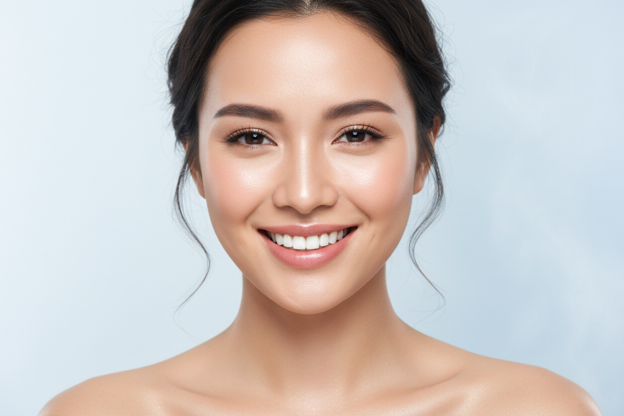 a 30 year women smilling, with beautiful glass skin, closeup look 